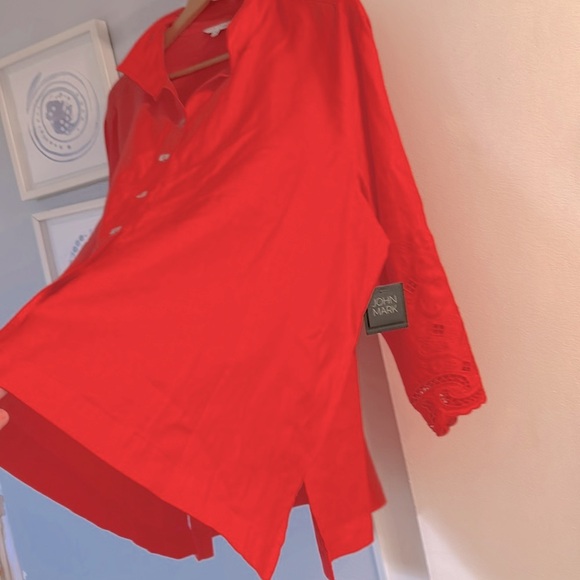 NWT John Mark Women’s Plus Size 3X Vivid Red Linen Embroidered Eyelet Sleeve Top - Picture 3 of 7